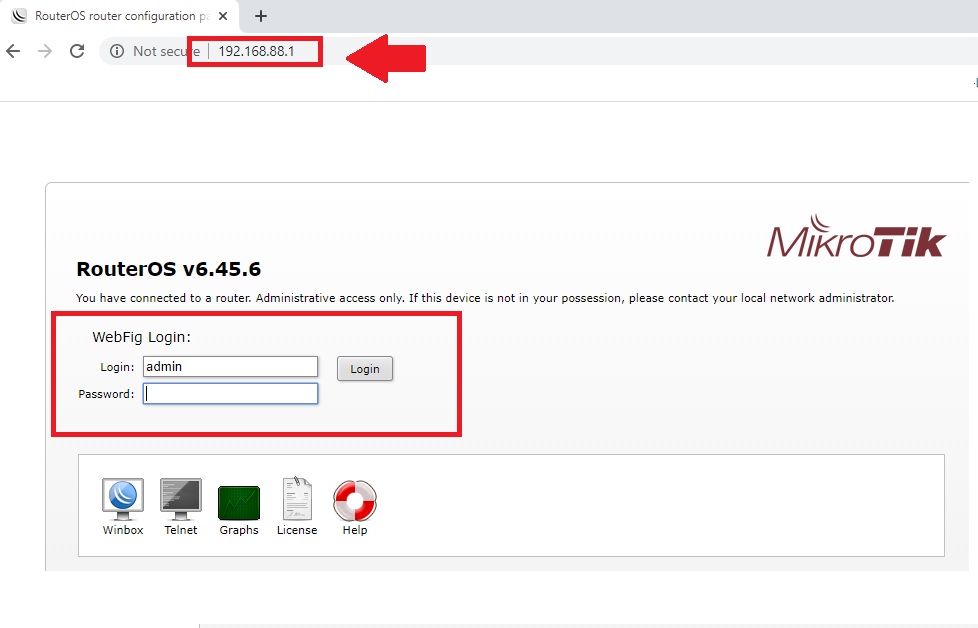 Akses Mikrotik terlebih dahulu untuk dapat login. Gunakan IP Address default yaitu 192.168.88.1