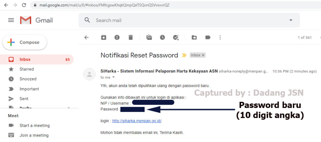 Berikutnya akan muncul notifikasi bahwa password sudah dikirimkan via Email yang terhubung dengan SiHarka. Jangan lupa klik Ok.