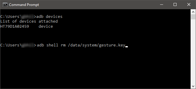 Selanjutnya, laptop:PC akan menampilkan menu CMD dan kamu bisa memasukkan command adb shel rm :data:systemgesture.key.